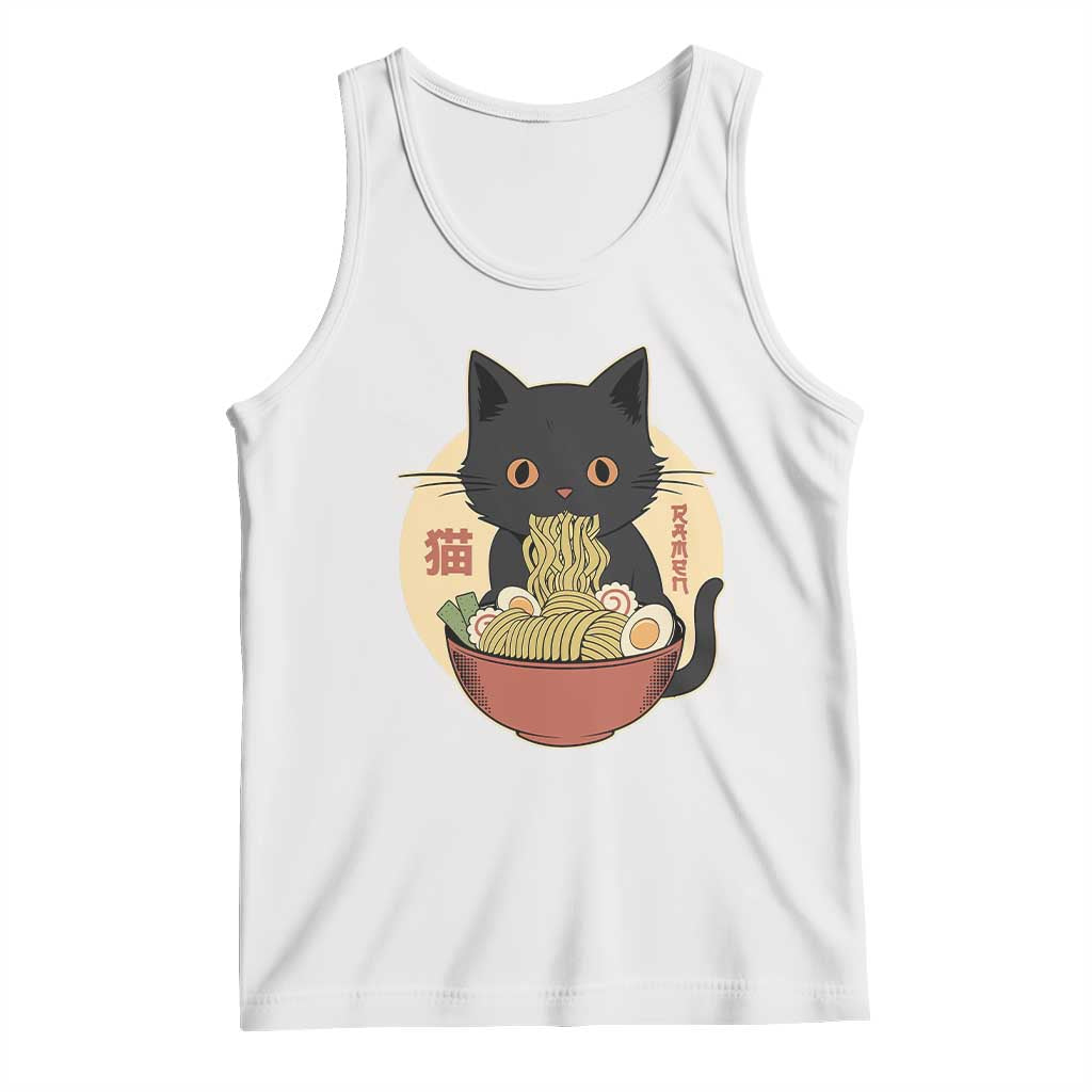 Kawaii Black Cat Eating Ramen Tank Top Funny Graphic Japanese Kawaii Anime Inspo TS02 White Print Your Wear