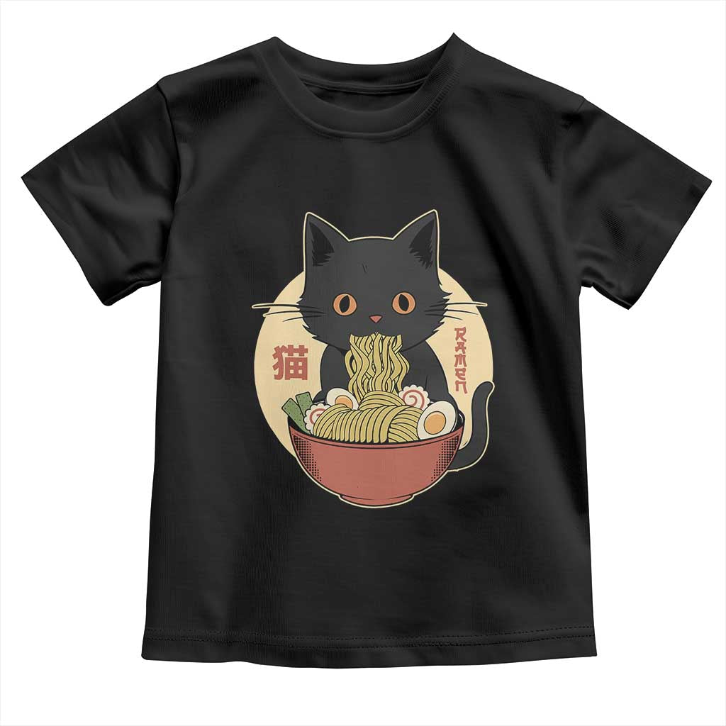 Kawaii Black Cat Eating Ramen Toddler T Shirt Funny Graphic Japanese Kawaii Anime Inspo TS02 Black Print Your Wear