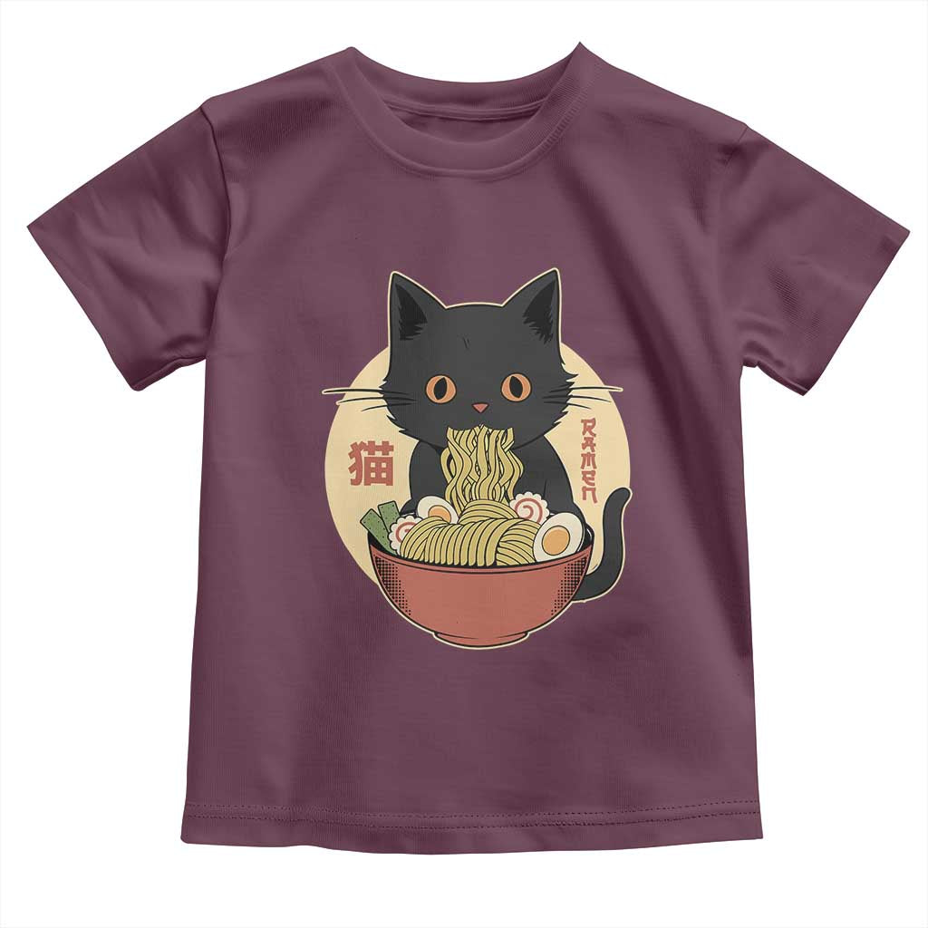 Kawaii Black Cat Eating Ramen Toddler T Shirt Funny Graphic Japanese Kawaii Anime Inspo TS02 Maroon Print Your Wear