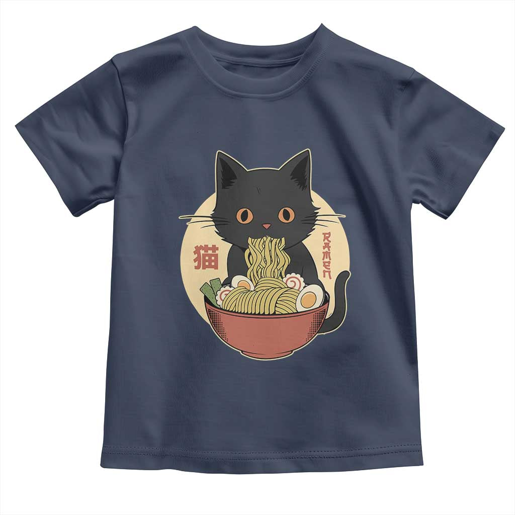 Kawaii Black Cat Eating Ramen Toddler T Shirt Funny Graphic Japanese Kawaii Anime Inspo TS02 Navy Print Your Wear