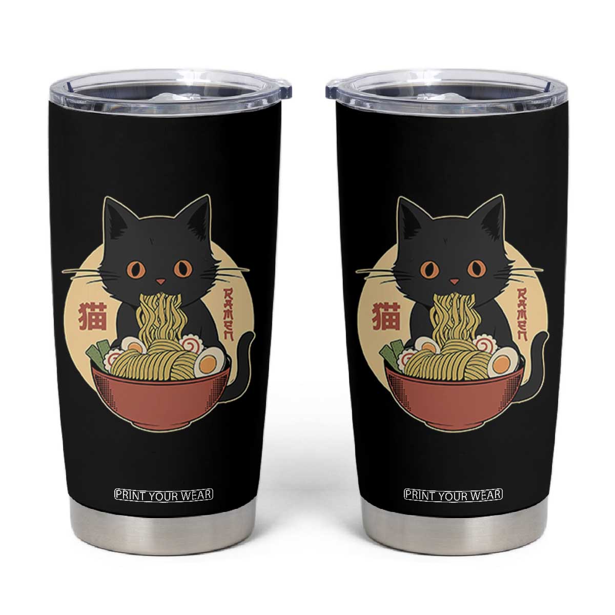 Kawaii Black Cat Eating Ramen Tumbler Cup Funny Graphic Japanese Kawaii Anime Inspo TS02 Black Print Your Wear