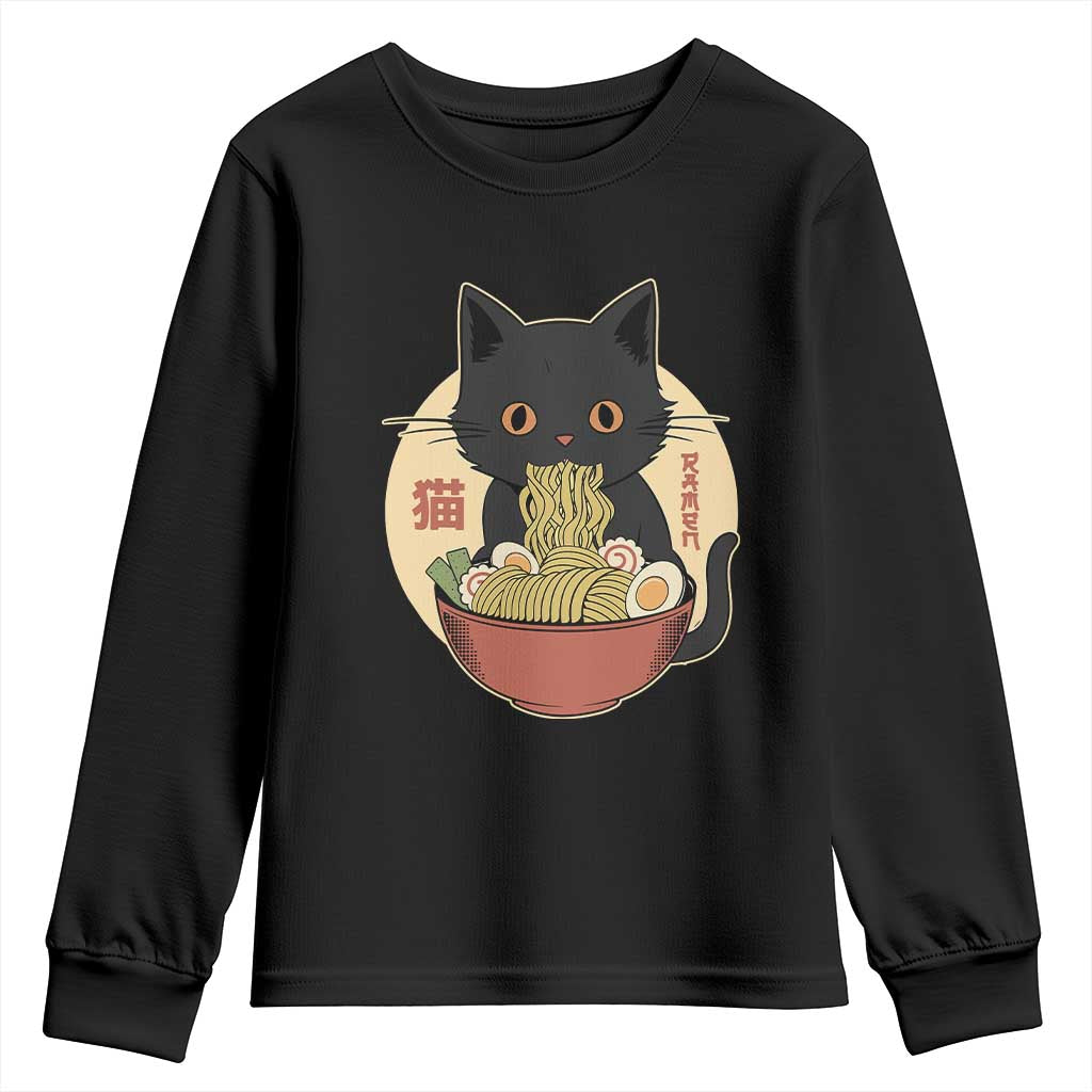 Kawaii Black Cat Eating Ramen Youth Sweatshirt Funny Graphic Japanese Kawaii Anime Inspo TS02 Black Print Your Wear