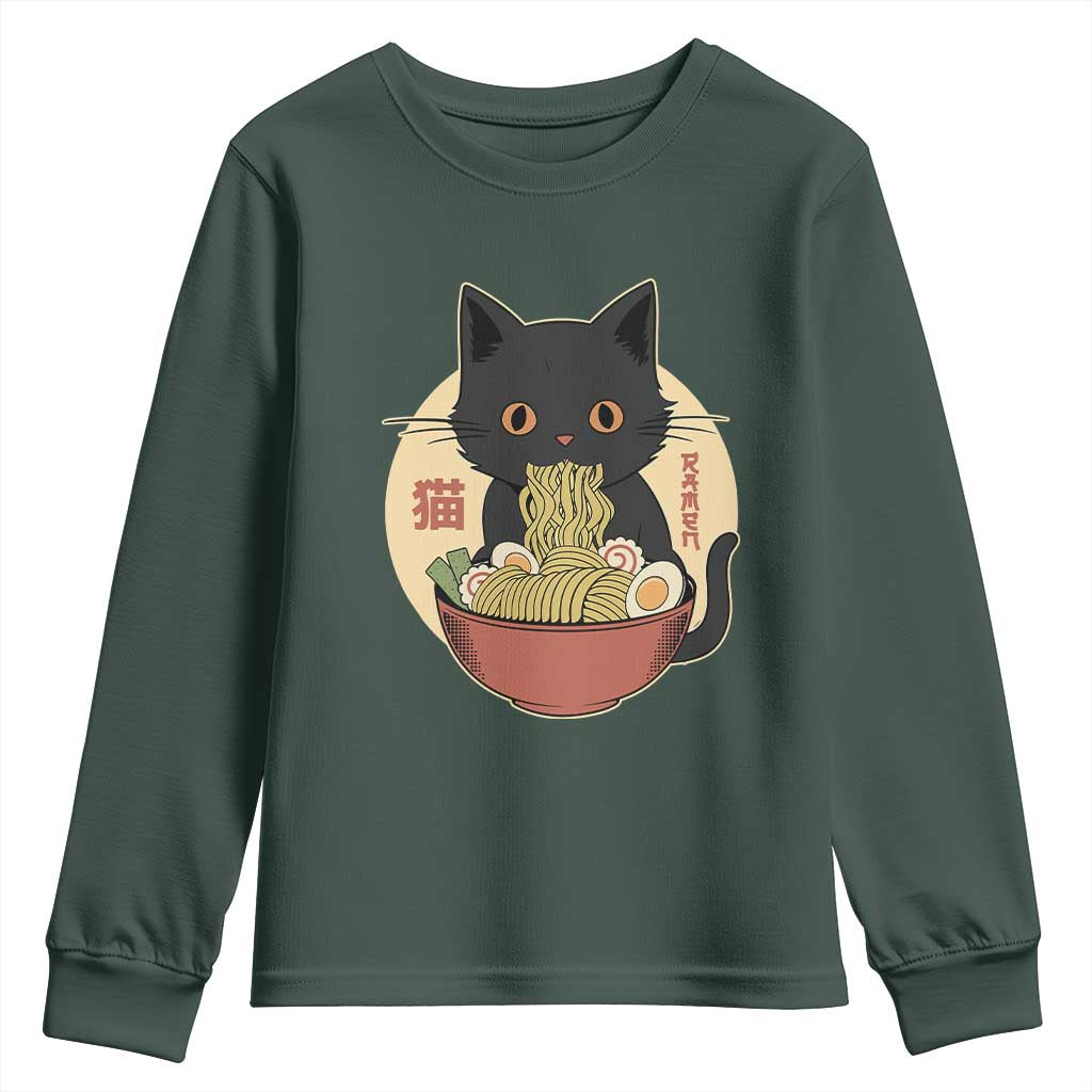 Kawaii Black Cat Eating Ramen Youth Sweatshirt Funny Graphic Japanese Kawaii Anime Inspo TS02 Dark Forest Green Print Your Wear