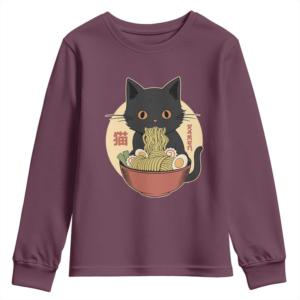 Kawaii Black Cat Eating Ramen Youth Sweatshirt Funny Graphic Japanese Kawaii Anime Inspo TS02 Maroon Print Your Wear