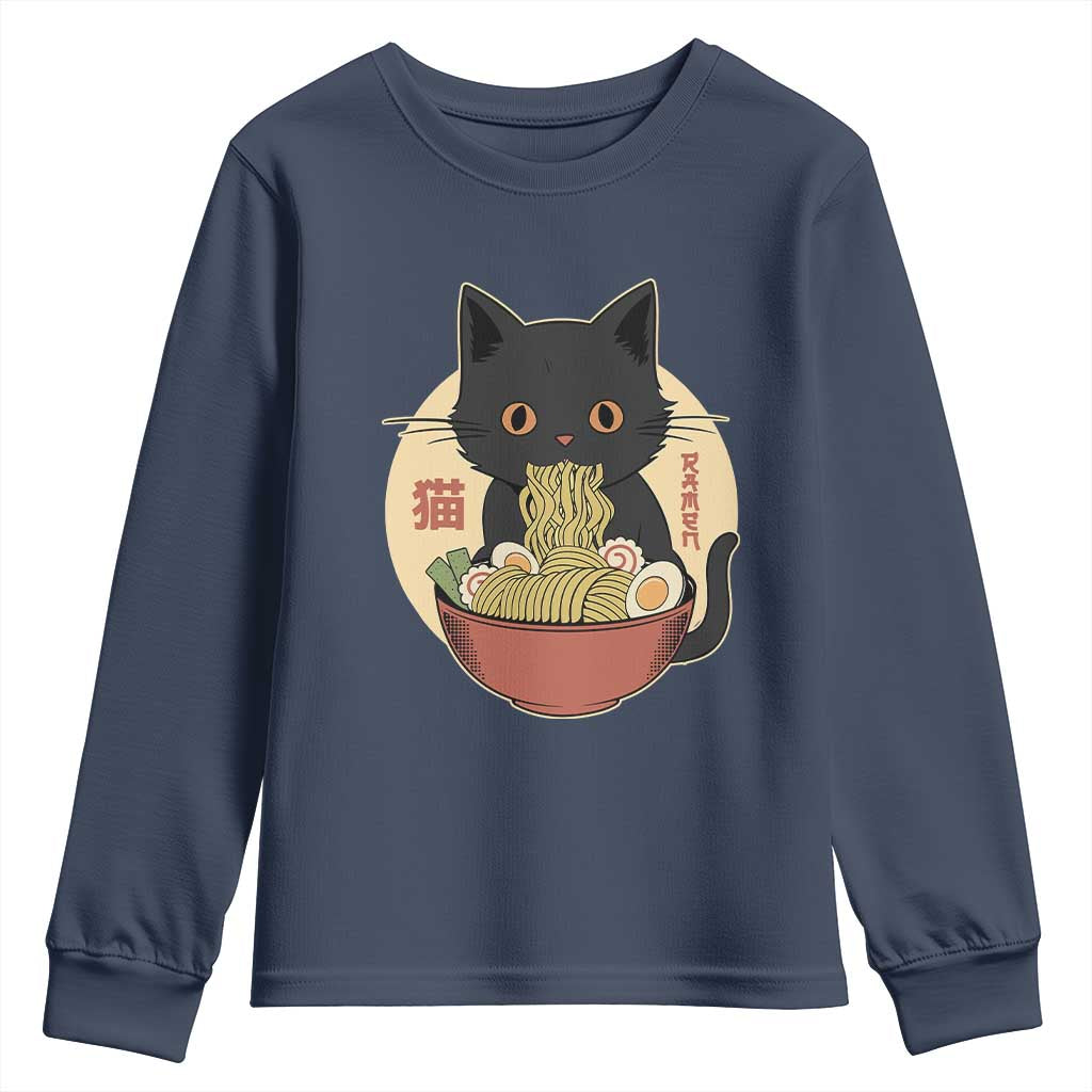 Kawaii Black Cat Eating Ramen Youth Sweatshirt Funny Graphic Japanese Kawaii Anime Inspo TS02 Navy Print Your Wear