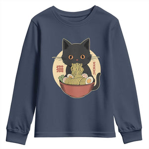 Kawaii Black Cat Eating Ramen Youth Sweatshirt Funny Graphic Japanese Kawaii Anime Inspo TS02 Navy Print Your Wear