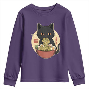 Kawaii Black Cat Eating Ramen Youth Sweatshirt Funny Graphic Japanese Kawaii Anime Inspo TS02 Purple Print Your Wear