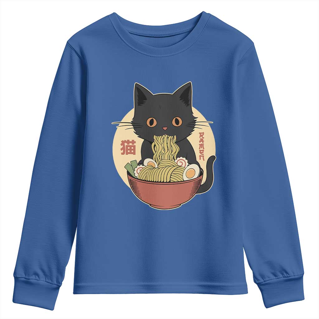 Kawaii Black Cat Eating Ramen Youth Sweatshirt Funny Graphic Japanese Kawaii Anime Inspo TS02 Royal Blue Print Your Wear