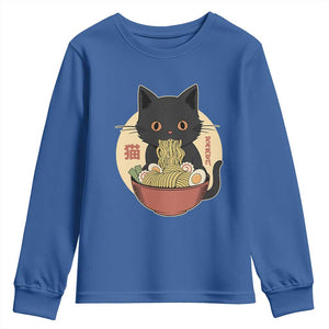 Kawaii Black Cat Eating Ramen Youth Sweatshirt Funny Graphic Japanese Kawaii Anime Inspo TS02 Royal Blue Print Your Wear