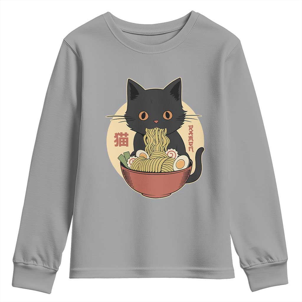 Kawaii Black Cat Eating Ramen Youth Sweatshirt Funny Graphic Japanese Kawaii Anime Inspo TS02 Sport Gray Print Your Wear