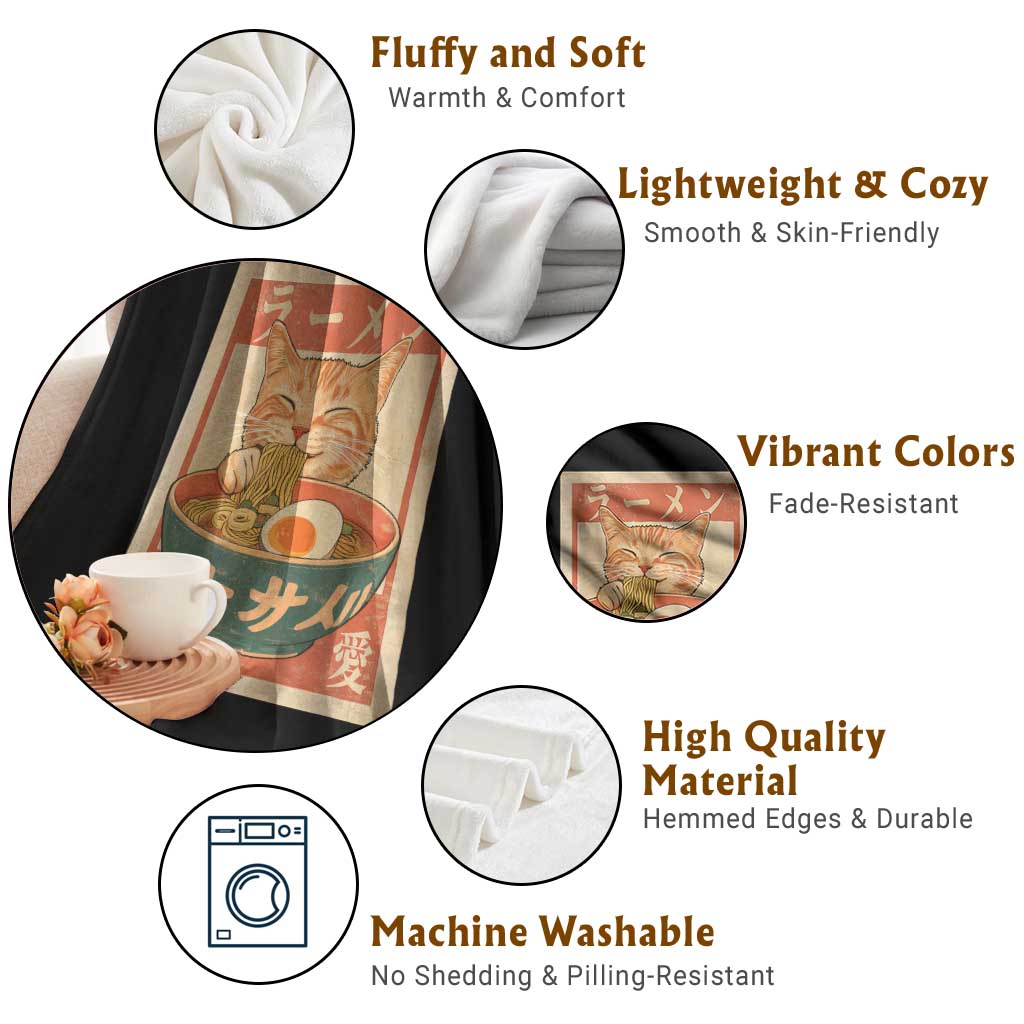 Funny Orange Cat Eating Ramen Throw Blanket Japanese Vintage Graphic Kawaii Anime TS02 Print Your Wear