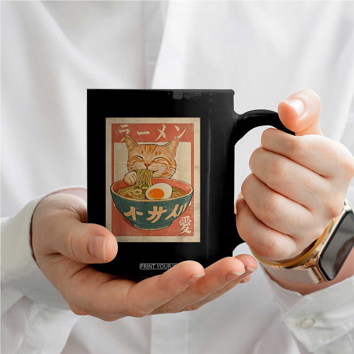 Funny Orange Cat Eating Ramen Coffee Mug Japanese Vintage Graphic Kawaii Anime TS02 Print Your Wear