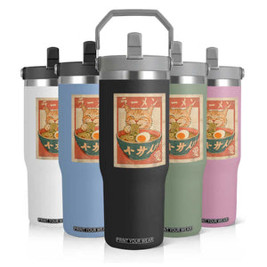 Funny Orange Cat Eating Ramen Flip Straw Tumbler Japanese Vintage Graphic Kawaii Anime TS02 Print Your Wear