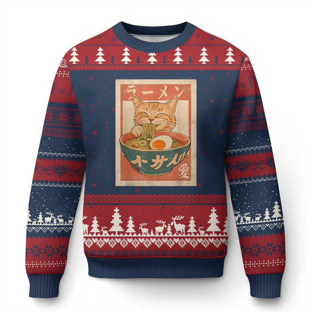 Funny Orange Cat Eating Ramen Ugly Christmas Sweater Japanese Vintage Graphic Kawaii Anime TS02 Navy Red Print Your Wear