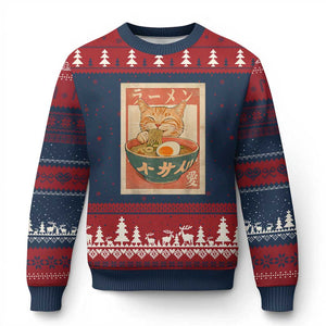 Funny Orange Cat Eating Ramen Ugly Christmas Sweater Japanese Vintage Graphic Kawaii Anime TS02 Navy Red Print Your Wear