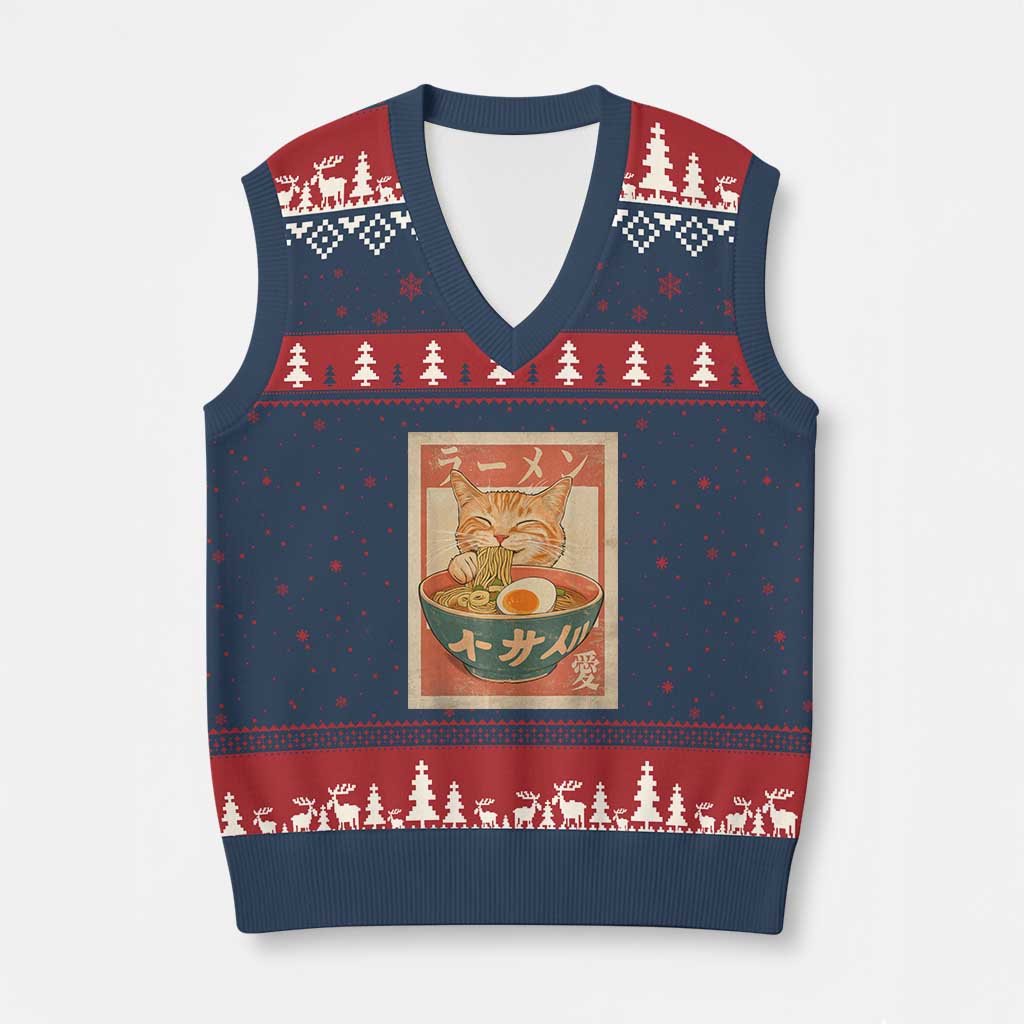 Funny Orange Cat Eating Ramen V-Neck Knit Sweater Vest Japanese Vintage Graphic Kawaii Anime TS02 Navy Red Print Your Wear