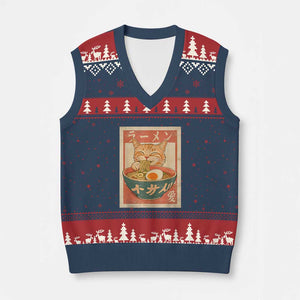Funny Orange Cat Eating Ramen V-Neck Knit Sweater Vest Japanese Vintage Graphic Kawaii Anime TS02 Navy Red Print Your Wear