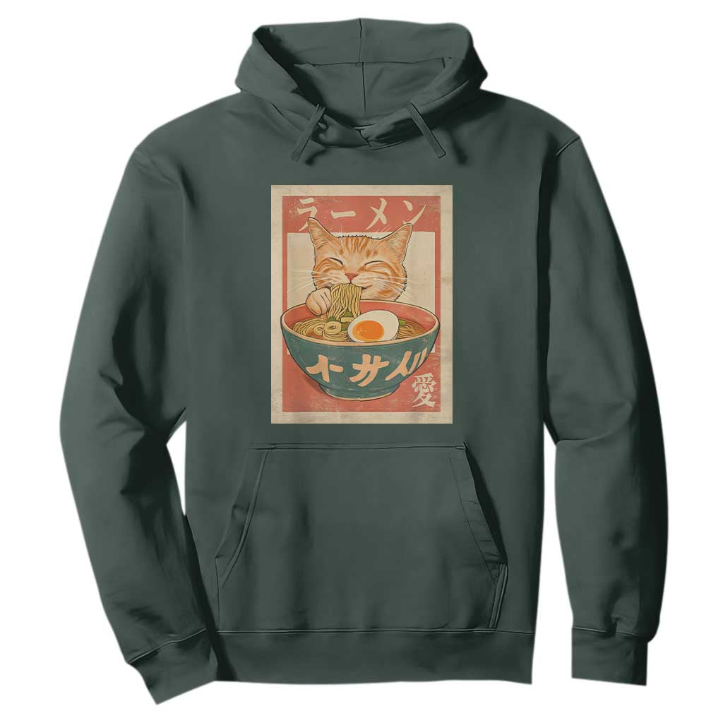 Funny Orange Cat Eating Ramen Hoodie Japanese Vintage Graphic Kawaii Anime TS02 Dark Forest Green Print Your Wear