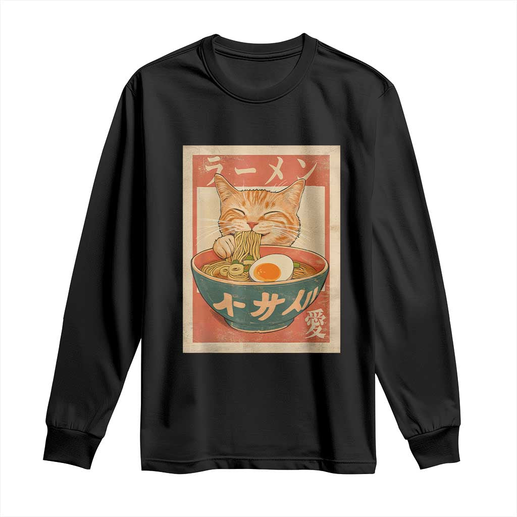 Funny Orange Cat Eating Ramen Long Sleeve Shirt Japanese Vintage Graphic Kawaii Anime TS02 Black Print Your Wear