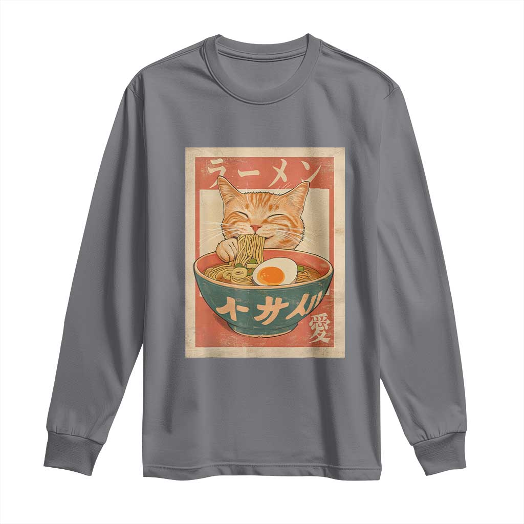 Funny Orange Cat Eating Ramen Long Sleeve Shirt Japanese Vintage Graphic Kawaii Anime TS02 Charcoal Print Your Wear