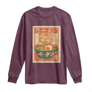 Funny Orange Cat Eating Ramen Long Sleeve Shirt Japanese Vintage Graphic Kawaii Anime TS02 Maroon Print Your Wear