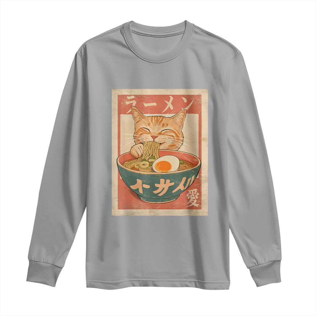 Funny Orange Cat Eating Ramen Long Sleeve Shirt Japanese Vintage Graphic Kawaii Anime TS02 Sport Gray Print Your Wear
