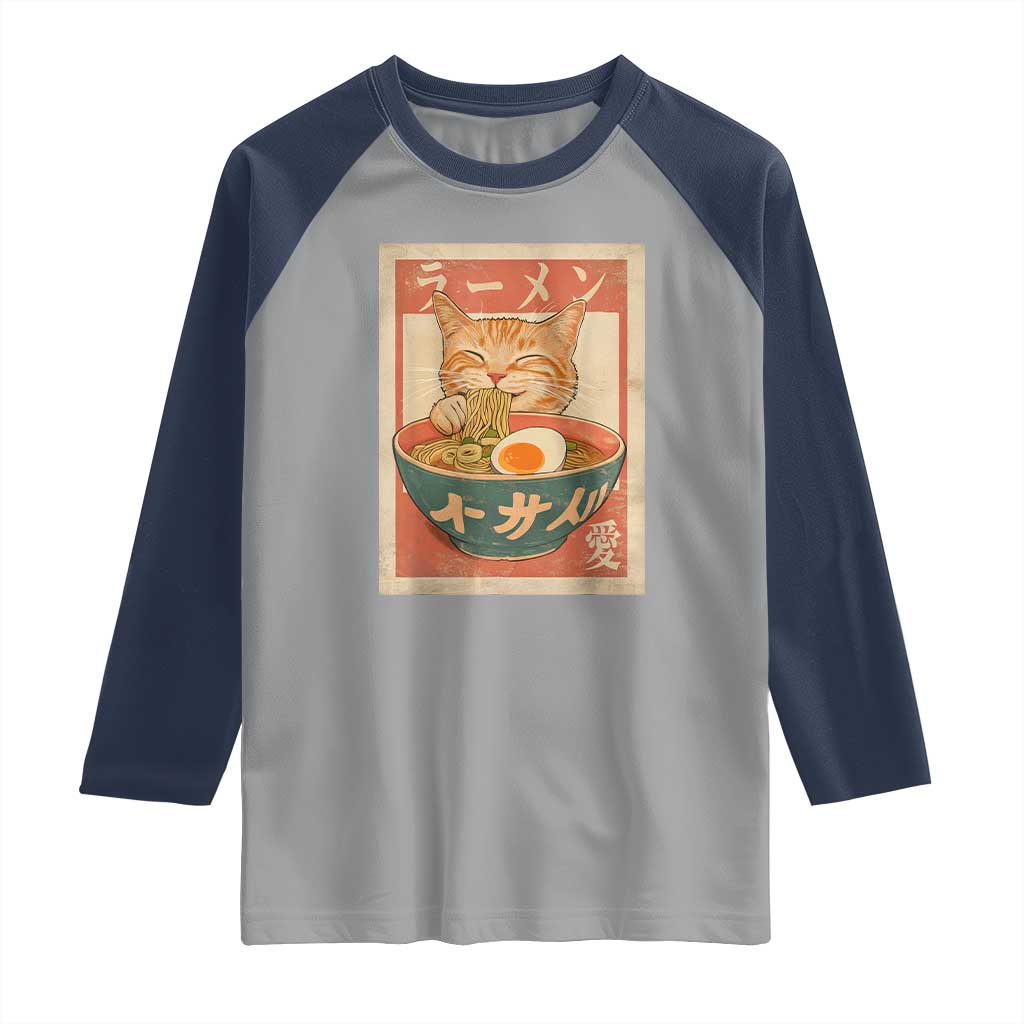 Funny Orange Cat Eating Ramen Raglan Shirt Japanese Vintage Graphic Kawaii Anime TS02 Sport Gray Navy Print Your Wear