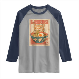 Funny Orange Cat Eating Ramen Raglan Shirt Japanese Vintage Graphic Kawaii Anime TS02 Sport Gray Navy Print Your Wear