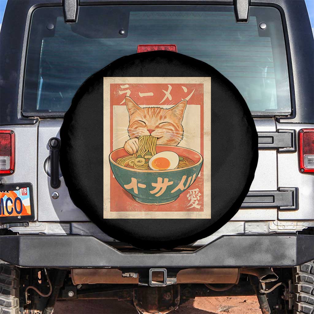 Funny Orange Cat Eating Ramen Spare Tire Cover Japanese Vintage Graphic Kawaii Anime TS02 No hole Black Print Your Wear