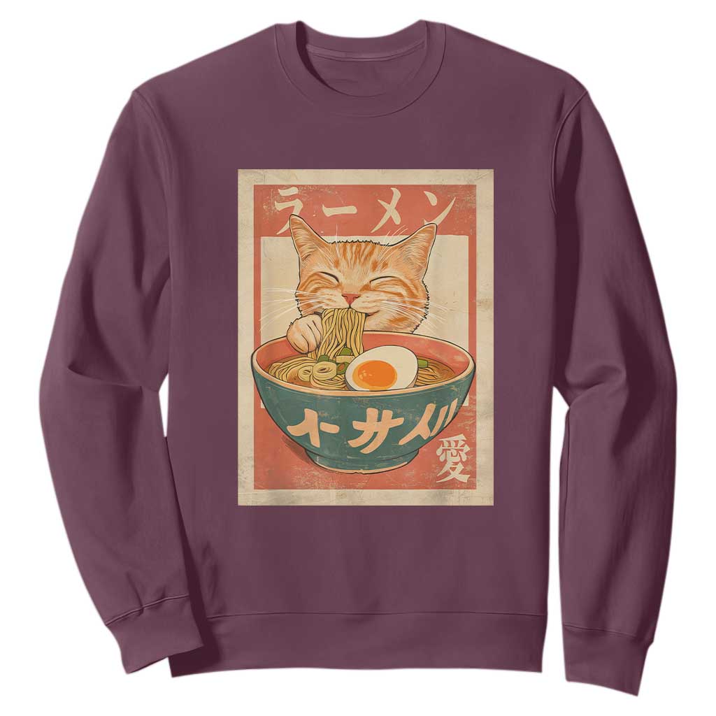 Funny Orange Cat Eating Ramen Sweatshirt Japanese Vintage Graphic Kawaii Anime TS02 Maroon Print Your Wear