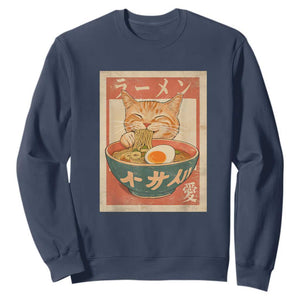 Funny Orange Cat Eating Ramen Sweatshirt Japanese Vintage Graphic Kawaii Anime TS02 Navy Print Your Wear
