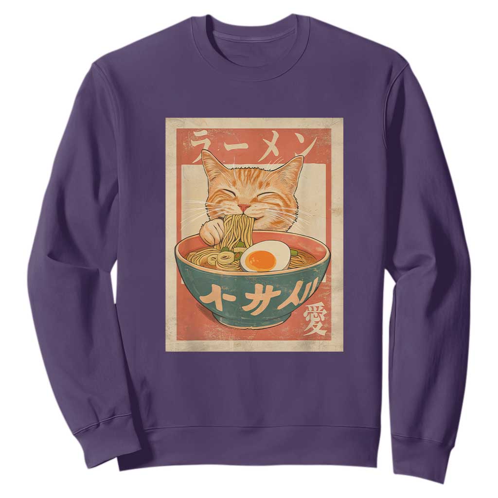 Funny Orange Cat Eating Ramen Sweatshirt Japanese Vintage Graphic Kawaii Anime TS02 Purple Print Your Wear