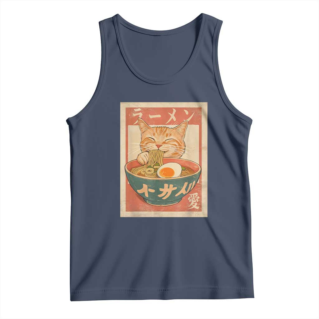 Funny Orange Cat Eating Ramen Tank Top Japanese Vintage Graphic Kawaii Anime TS02 Navy Print Your Wear