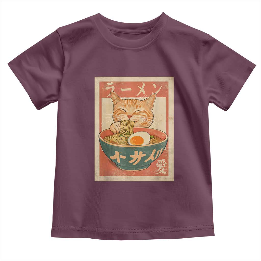 Funny Orange Cat Eating Ramen Toddler T Shirt Japanese Vintage Graphic Kawaii Anime TS02 Maroon Print Your Wear