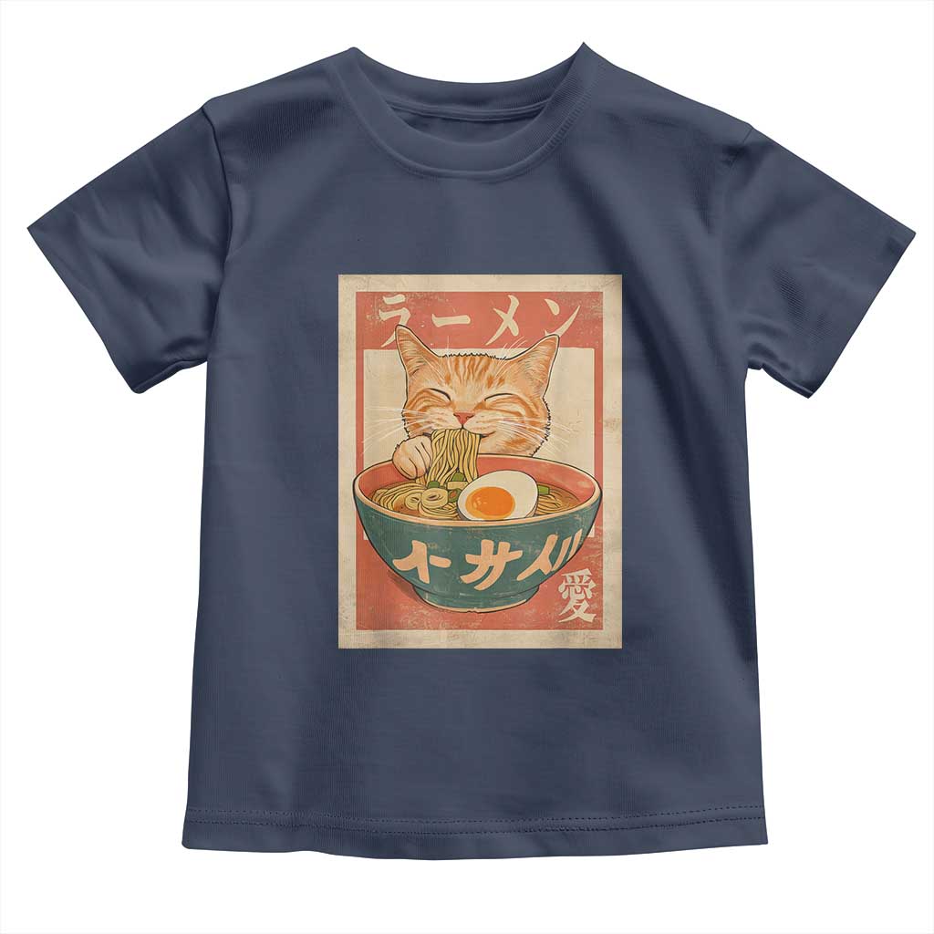 Funny Orange Cat Eating Ramen Toddler T Shirt Japanese Vintage Graphic Kawaii Anime TS02 Navy Print Your Wear