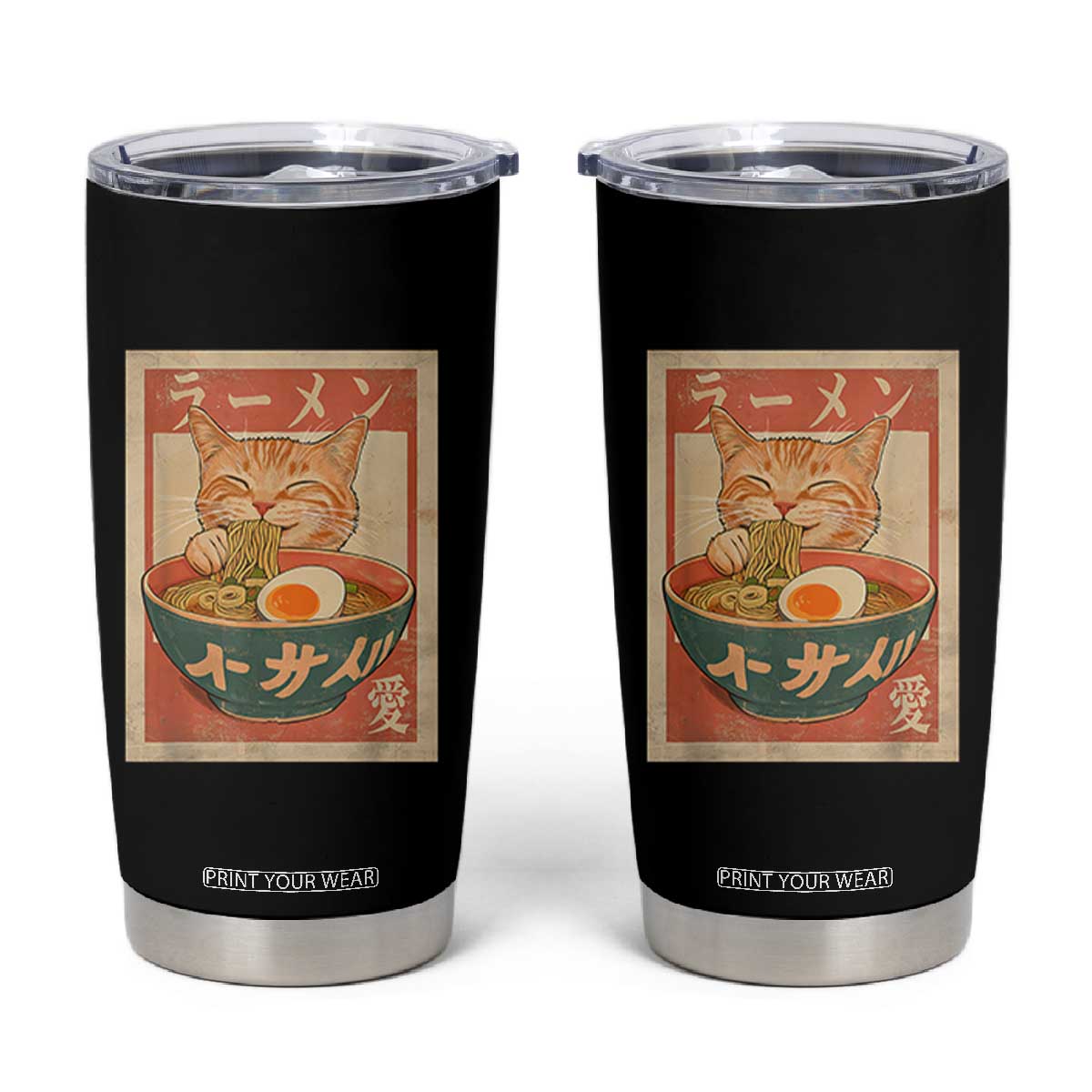 Funny Orange Cat Eating Ramen Tumbler Cup Japanese Vintage Graphic Kawaii Anime TS02 Black Print Your Wear