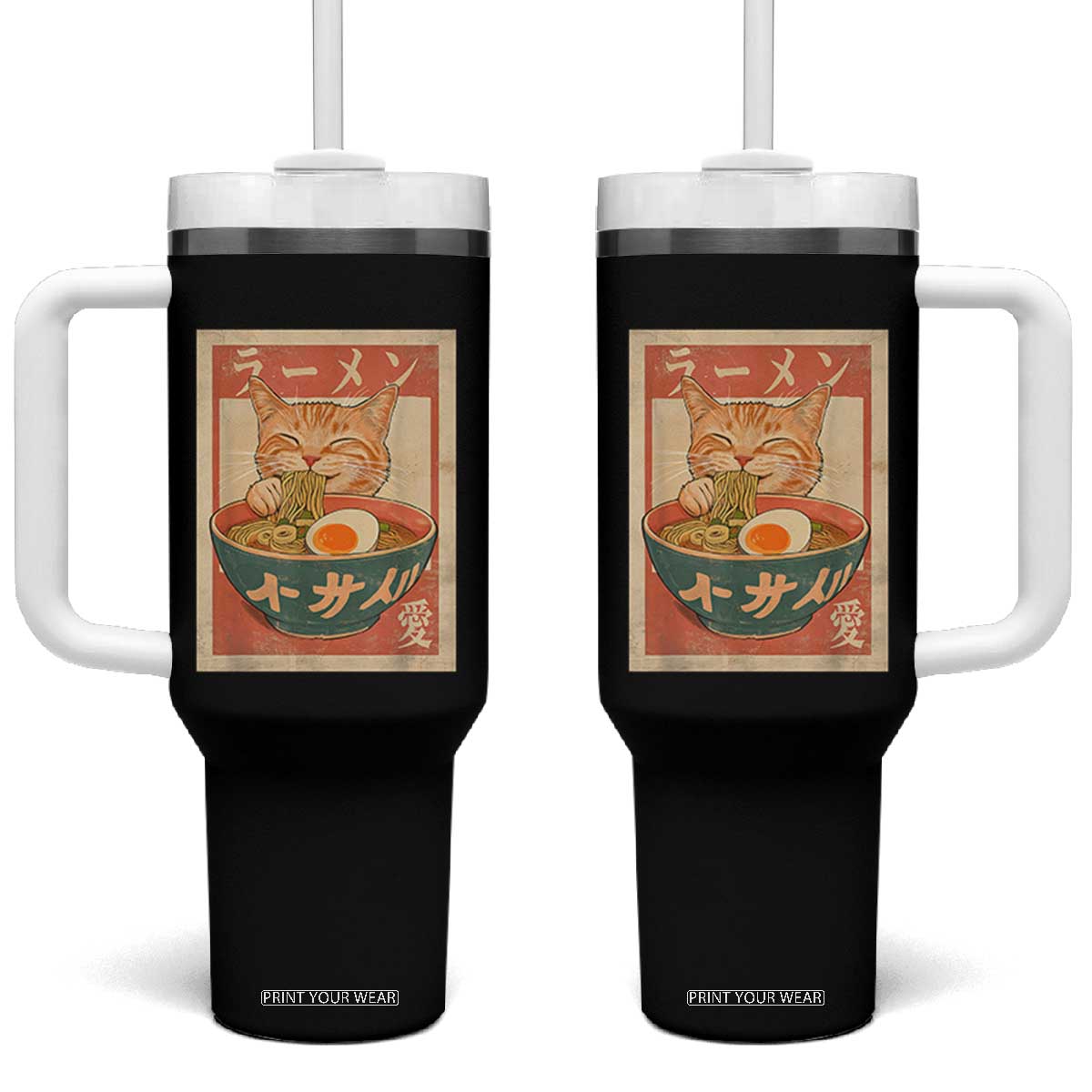 Funny Orange Cat Eating Ramen Tumbler With Handle Japanese Vintage Graphic Kawaii Anime TS02 One Size: 40 oz Black Print Your Wear