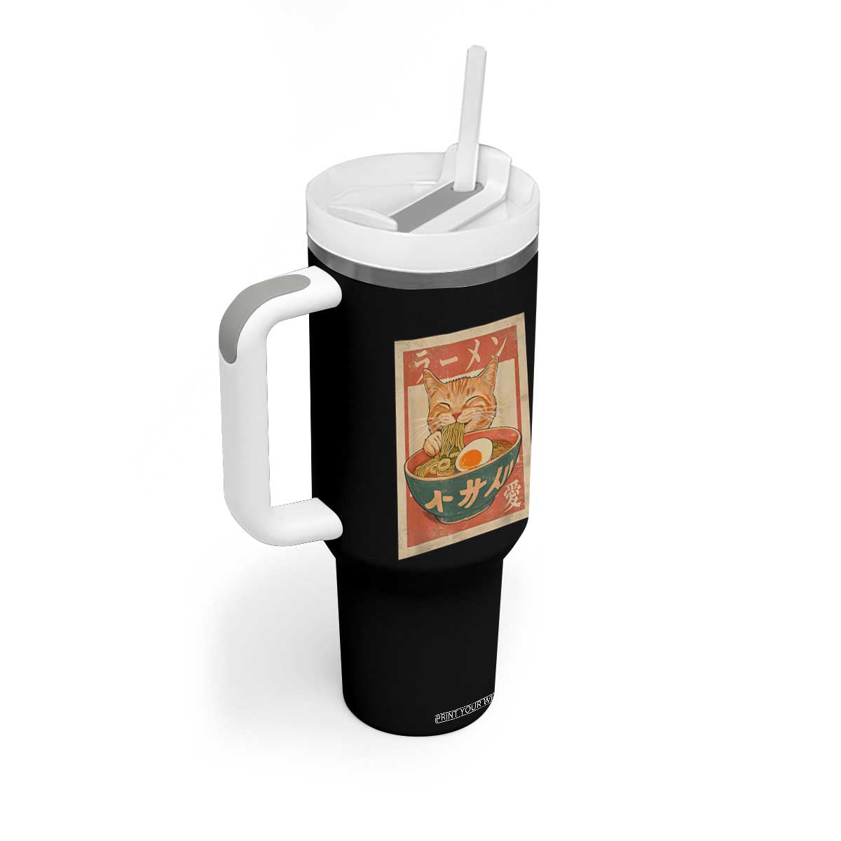 Funny Orange Cat Eating Ramen Tumbler With Handle Japanese Vintage Graphic Kawaii Anime TS02 Print Your Wear