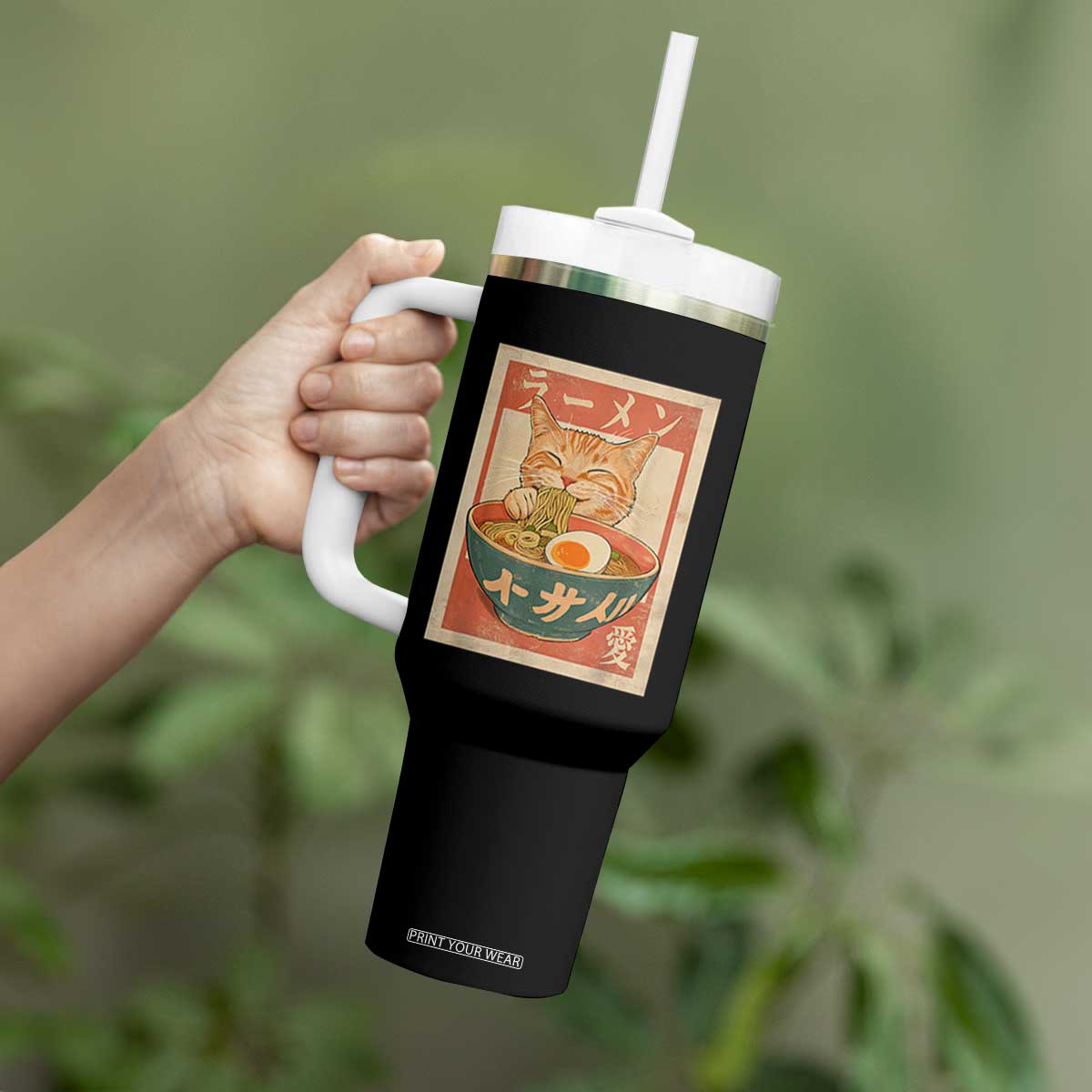 Funny Orange Cat Eating Ramen Tumbler With Handle Japanese Vintage Graphic Kawaii Anime TS02 Print Your Wear