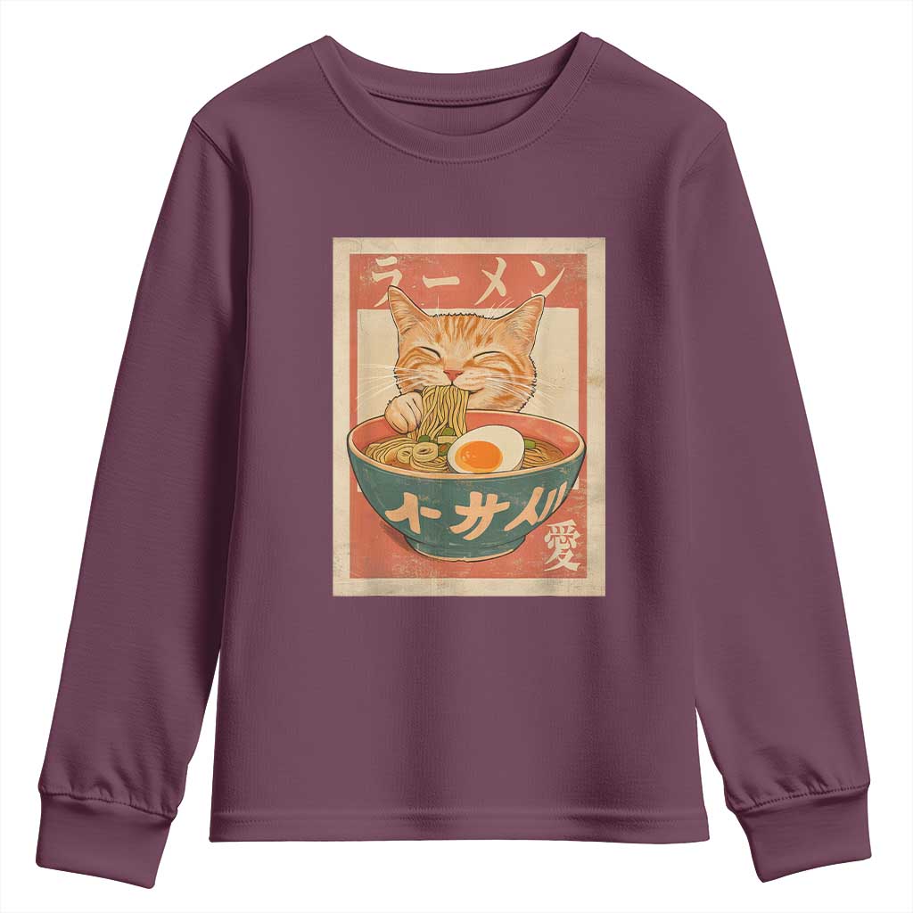 Funny Orange Cat Eating Ramen Youth Sweatshirt Japanese Vintage Graphic Kawaii Anime TS02 Maroon Print Your Wear