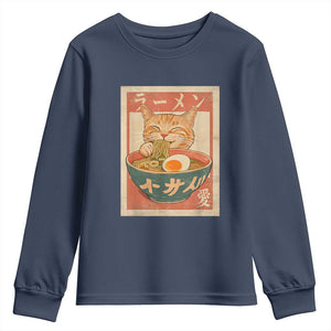 Funny Orange Cat Eating Ramen Youth Sweatshirt Japanese Vintage Graphic Kawaii Anime TS02 Navy Print Your Wear