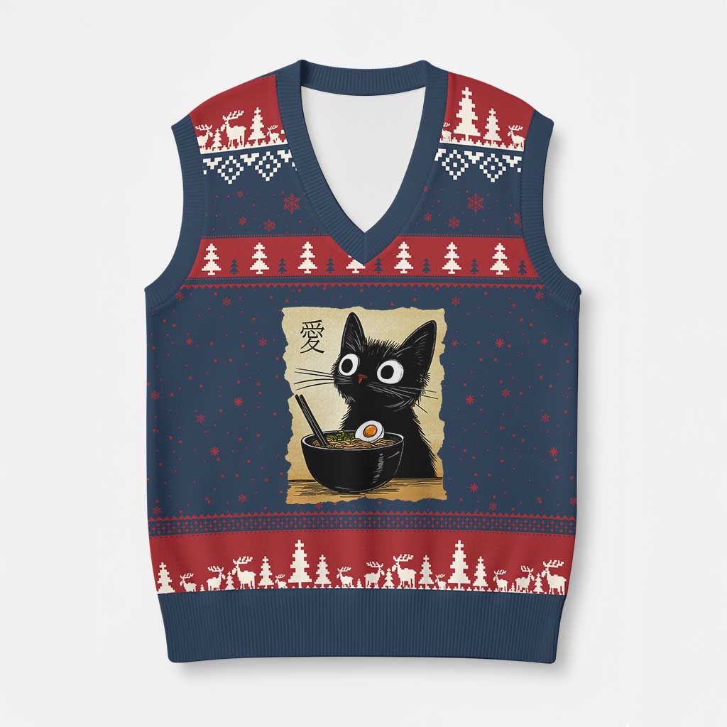 Funny Kawaii Cat Ramen V-Neck Knit Sweater Vest Japanese Noodles Lover Anime Otaku Manga Retro TS02 Navy Red Print Your Wear