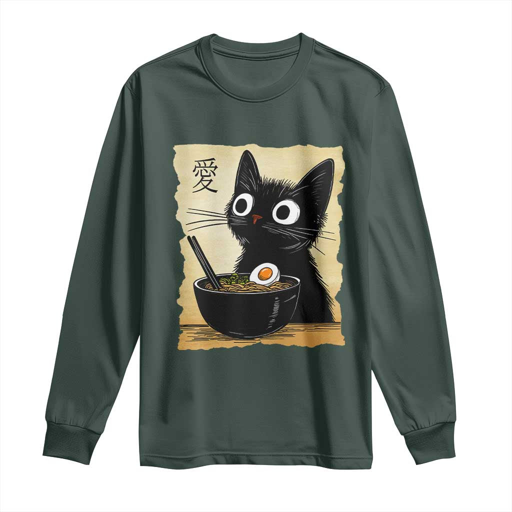 Funny Kawaii Cat Ramen Long Sleeve Shirt Japanese Noodles Lover Anime Otaku Manga Retro TS02 Dark Forest Green Print Your Wear