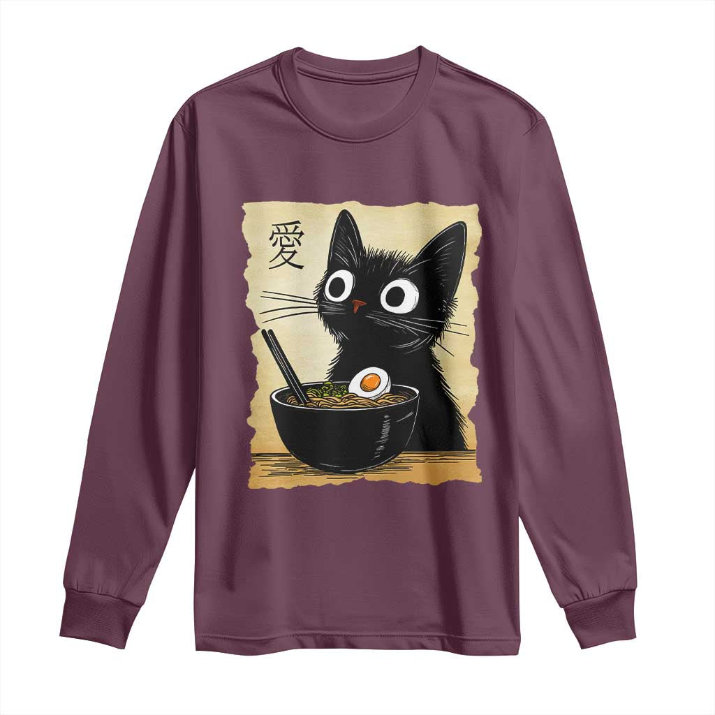 Funny Kawaii Cat Ramen Long Sleeve Shirt Japanese Noodles Lover Anime Otaku Manga Retro TS02 Maroon Print Your Wear