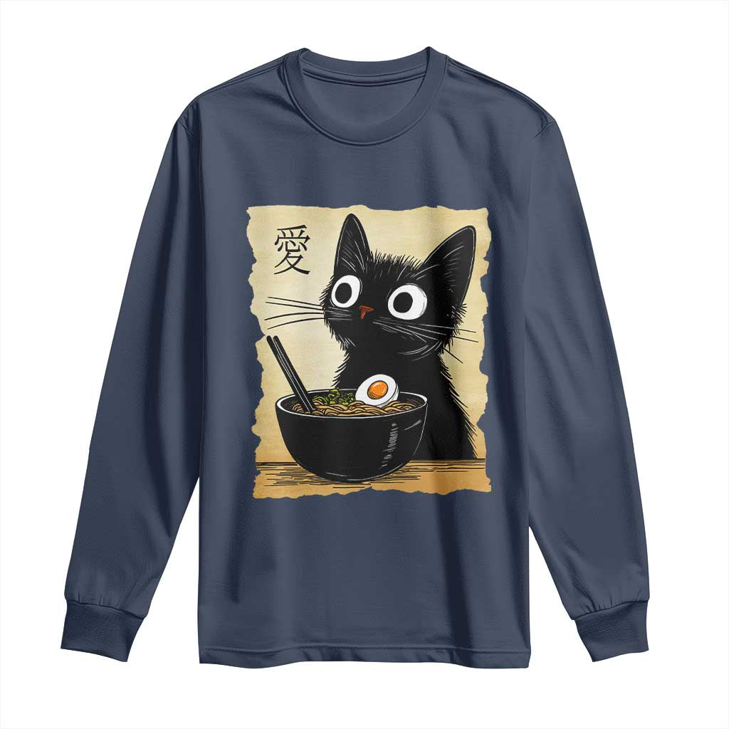 Funny Kawaii Cat Ramen Long Sleeve Shirt Japanese Noodles Lover Anime Otaku Manga Retro TS02 Navy Print Your Wear