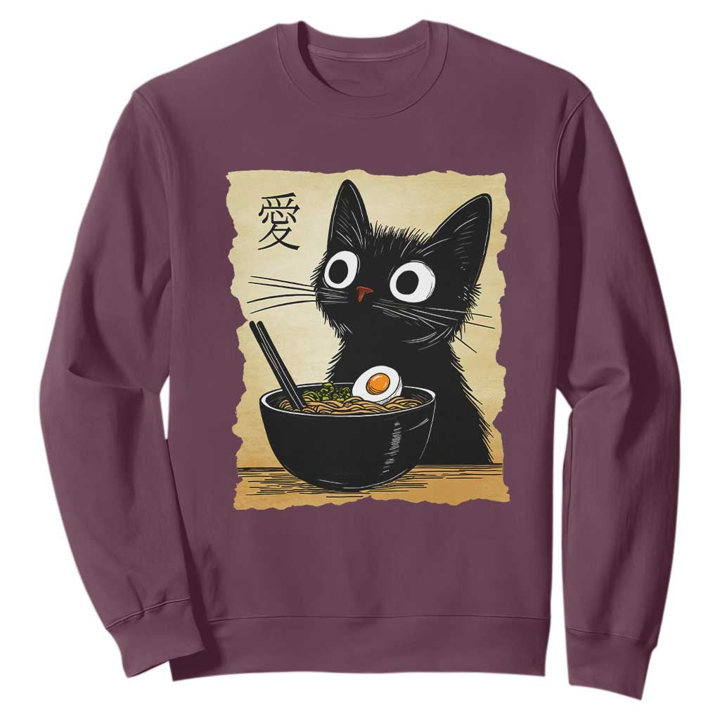 Funny Kawaii Cat Ramen Sweatshirt Japanese Noodles Lover Anime Otaku Manga Retro TS02 Maroon Print Your Wear