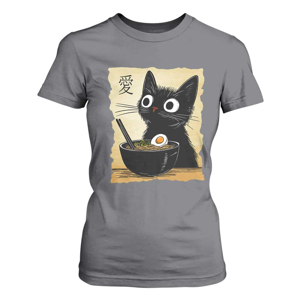 Funny Kawaii Cat Ramen T Shirt For Women Japanese Noodles Lover Anime Otaku Manga Retro TS02 Charcoal Print Your Wear