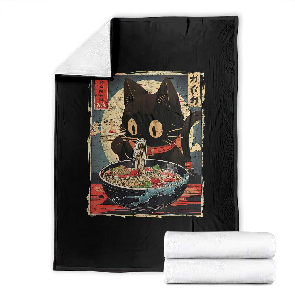 Funny Black Cat Eating Ramen Noodle Graphic Throw Blanket Japanese Kawaii Anime Gifts TS02 Black Print Your Wear