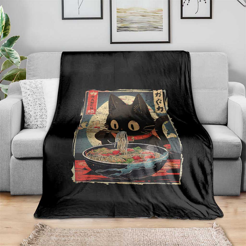 Funny Black Cat Eating Ramen Noodle Graphic Throw Blanket Japanese Kawaii Anime Gifts TS02 Print Your Wear