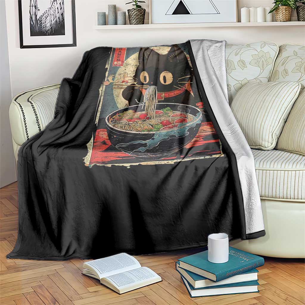 Funny Black Cat Eating Ramen Noodle Graphic Throw Blanket Japanese Kawaii Anime Gifts TS02 Print Your Wear